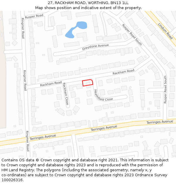 27, RACKHAM ROAD, WORTHING, BN13 1LL: Location map and indicative extent of plot