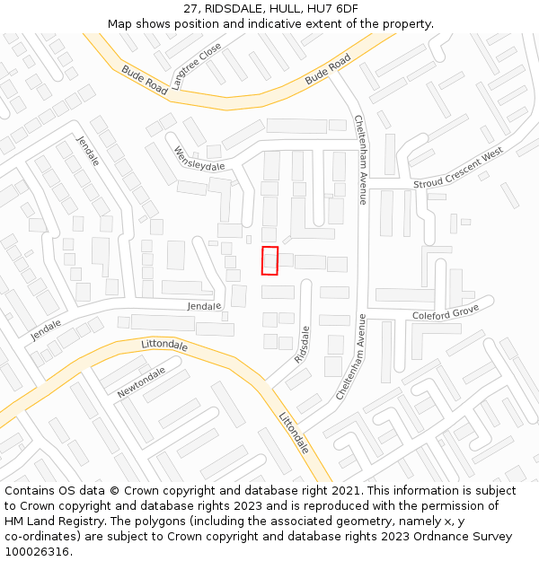 27, RIDSDALE, HULL, HU7 6DF: Location map and indicative extent of plot