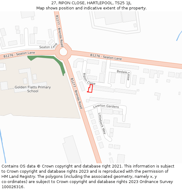 27, RIPON CLOSE, HARTLEPOOL, TS25 1JL: Location map and indicative extent of plot