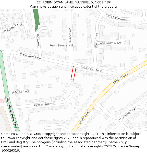 27, ROBIN DOWN LANE, MANSFIELD, NG18 4SP: Location map and indicative extent of plot