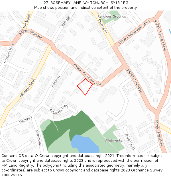 27, ROSEMARY LANE, WHITCHURCH, SY13 1EG: Location map and indicative extent of plot