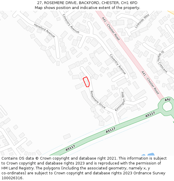 27, ROSEMERE DRIVE, BACKFORD, CHESTER, CH1 6PD: Location map and indicative extent of plot