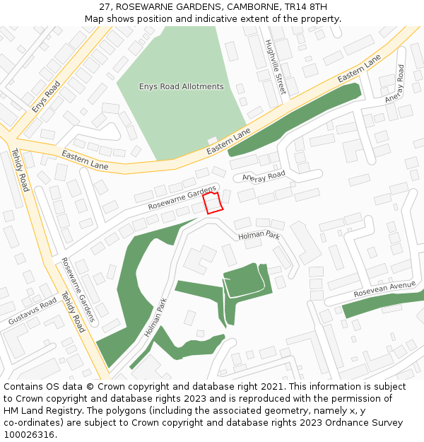 27, ROSEWARNE GARDENS, CAMBORNE, TR14 8TH: Location map and indicative extent of plot