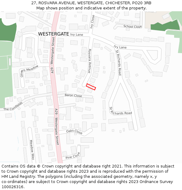 27, ROSVARA AVENUE, WESTERGATE, CHICHESTER, PO20 3RB: Location map and indicative extent of plot