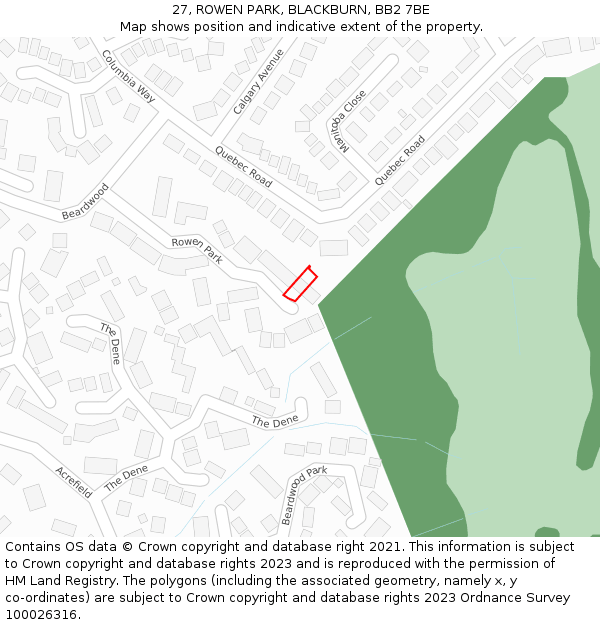 27, ROWEN PARK, BLACKBURN, BB2 7BE: Location map and indicative extent of plot