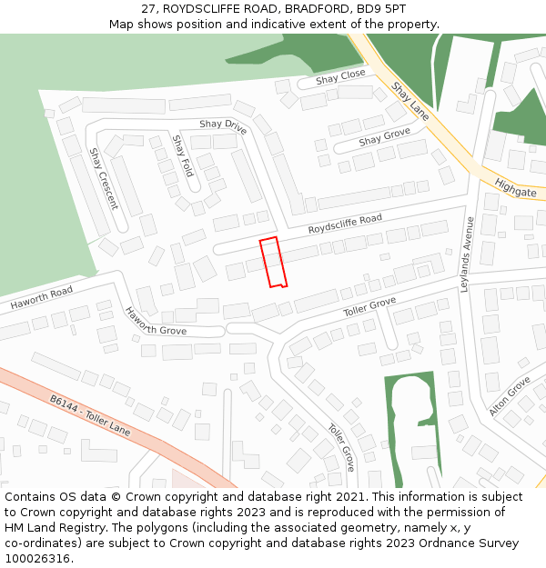 27, ROYDSCLIFFE ROAD, BRADFORD, BD9 5PT: Location map and indicative extent of plot