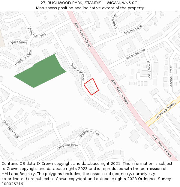 27, RUSHWOOD PARK, STANDISH, WIGAN, WN6 0GH: Location map and indicative extent of plot