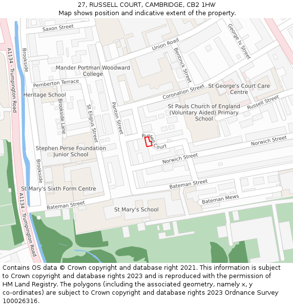 27, RUSSELL COURT, CAMBRIDGE, CB2 1HW: Location map and indicative extent of plot