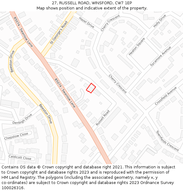 27, RUSSELL ROAD, WINSFORD, CW7 1EP: Location map and indicative extent of plot