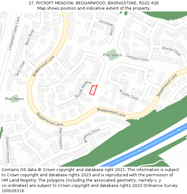 27, RYCROFT MEADOW, BEGGARWOOD, BASINGSTOKE, RG22 4QE: Location map and indicative extent of plot