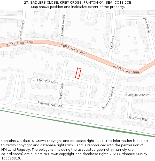 27, SADLERS CLOSE, KIRBY CROSS, FRINTON-ON-SEA, CO13 0QB: Location map and indicative extent of plot