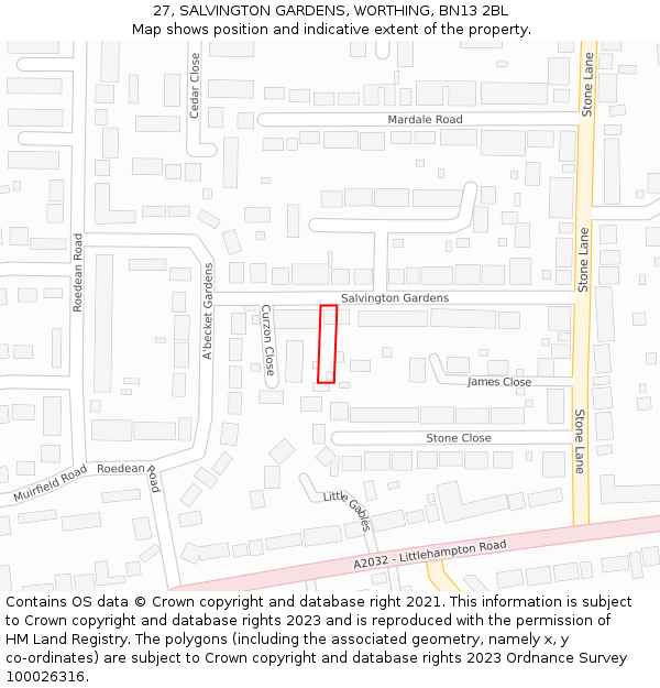 27, SALVINGTON GARDENS, WORTHING, BN13 2BL: Location map and indicative extent of plot