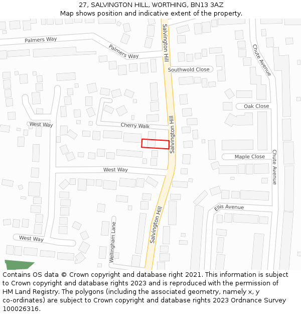 27, SALVINGTON HILL, WORTHING, BN13 3AZ: Location map and indicative extent of plot