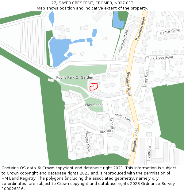 27, SAYER CRESCENT, CROMER, NR27 0FB: Location map and indicative extent of plot