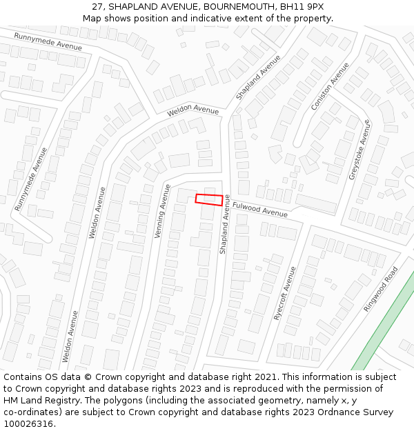 27, SHAPLAND AVENUE, BOURNEMOUTH, BH11 9PX: Location map and indicative extent of plot