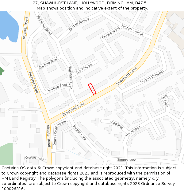 27, SHAWHURST LANE, HOLLYWOOD, BIRMINGHAM, B47 5HL: Location map and indicative extent of plot