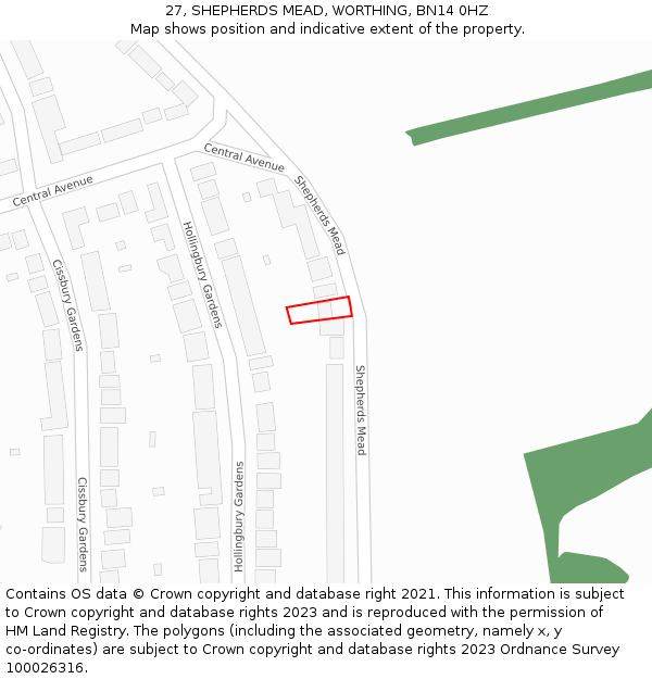 27, SHEPHERDS MEAD, WORTHING, BN14 0HZ: Location map and indicative extent of plot