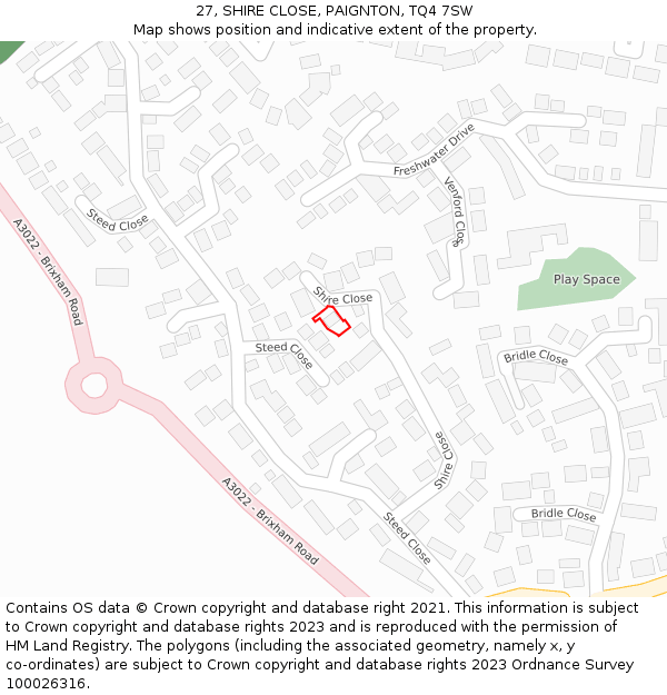 27, SHIRE CLOSE, PAIGNTON, TQ4 7SW: Location map and indicative extent of plot