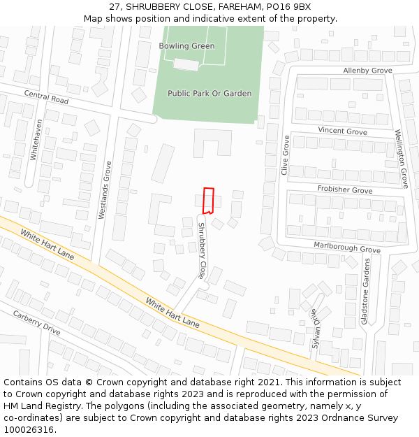 27, SHRUBBERY CLOSE, FAREHAM, PO16 9BX: Location map and indicative extent of plot
