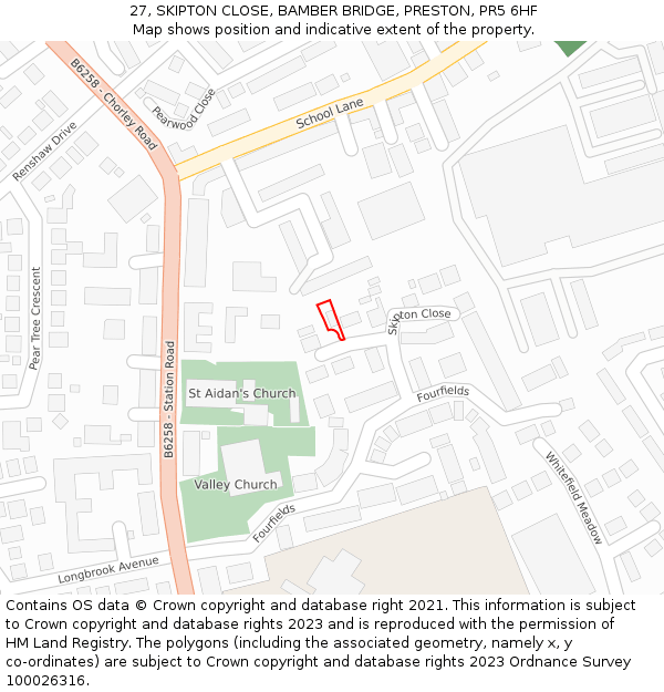 27, SKIPTON CLOSE, BAMBER BRIDGE, PRESTON, PR5 6HF: Location map and indicative extent of plot
