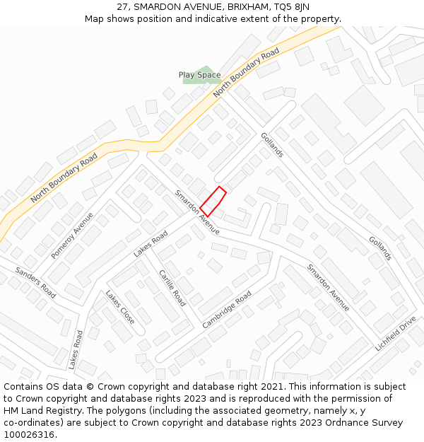 27, SMARDON AVENUE, BRIXHAM, TQ5 8JN: Location map and indicative extent of plot