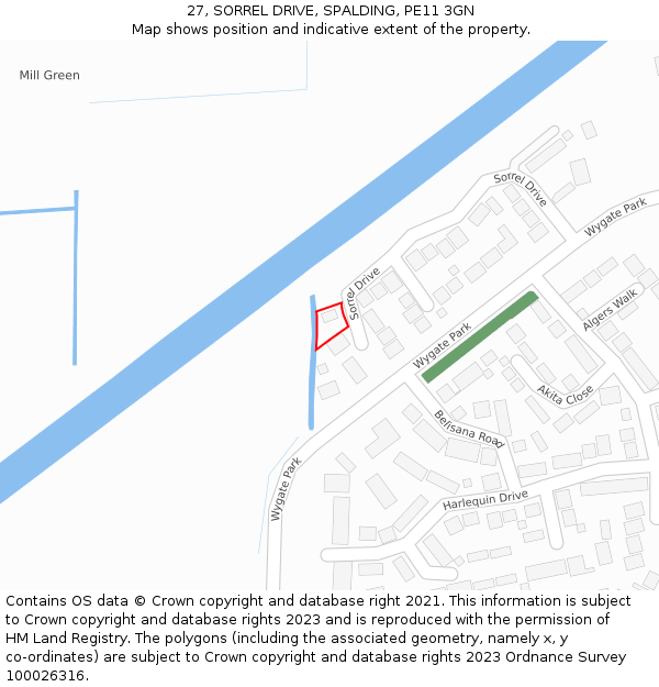 27, SORREL DRIVE, SPALDING, PE11 3GN: Location map and indicative extent of plot