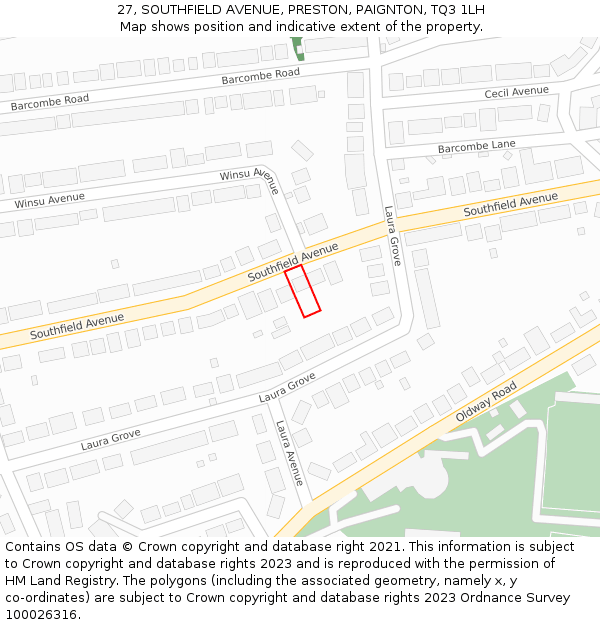 27, SOUTHFIELD AVENUE, PRESTON, PAIGNTON, TQ3 1LH: Location map and indicative extent of plot
