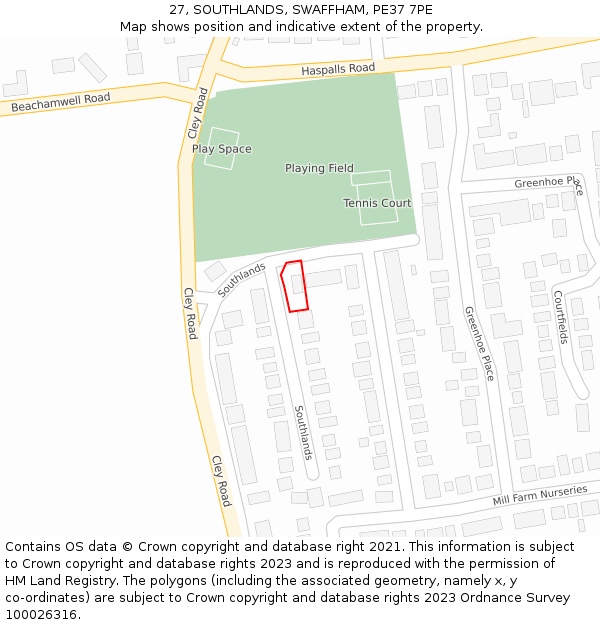 27, SOUTHLANDS, SWAFFHAM, PE37 7PE: Location map and indicative extent of plot