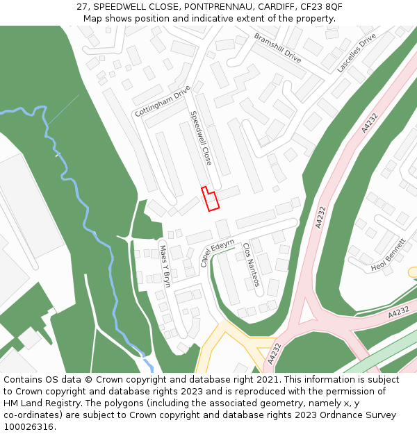 27, SPEEDWELL CLOSE, PONTPRENNAU, CARDIFF, CF23 8QF: Location map and indicative extent of plot