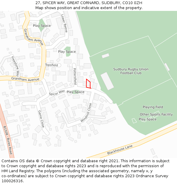 27, SPICER WAY, GREAT CORNARD, SUDBURY, CO10 0ZH: Location map and indicative extent of plot