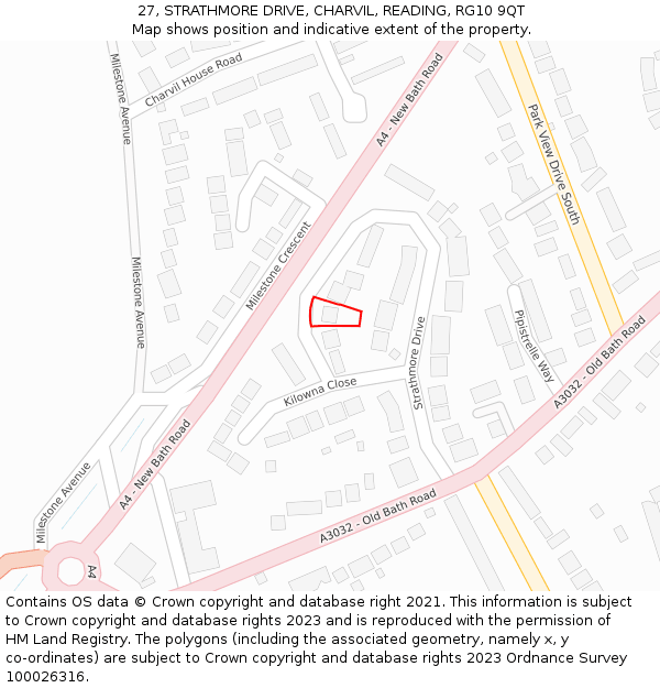 27, STRATHMORE DRIVE, CHARVIL, READING, RG10 9QT: Location map and indicative extent of plot