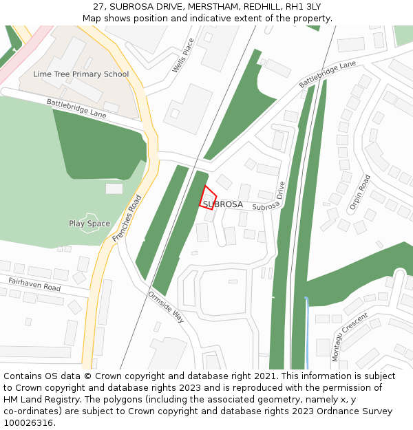 27, SUBROSA DRIVE, MERSTHAM, REDHILL, RH1 3LY: Location map and indicative extent of plot