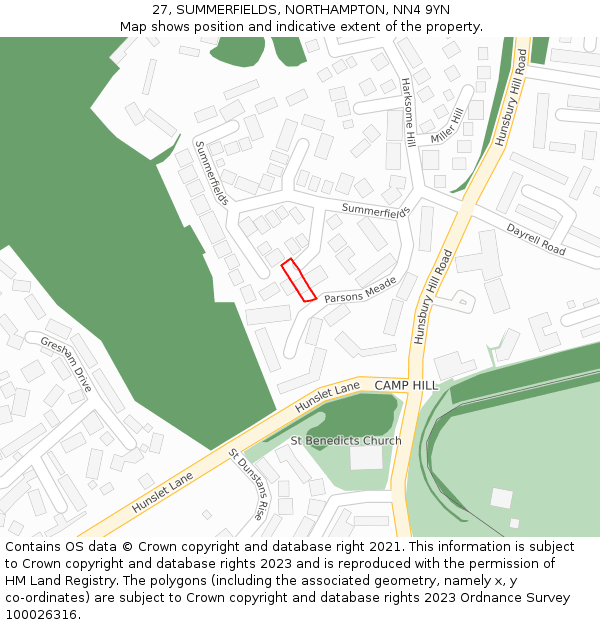 27, SUMMERFIELDS, NORTHAMPTON, NN4 9YN: Location map and indicative extent of plot