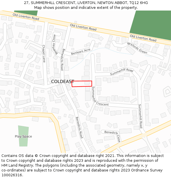 27, SUMMERHILL CRESCENT, LIVERTON, NEWTON ABBOT, TQ12 6HG: Location map and indicative extent of plot