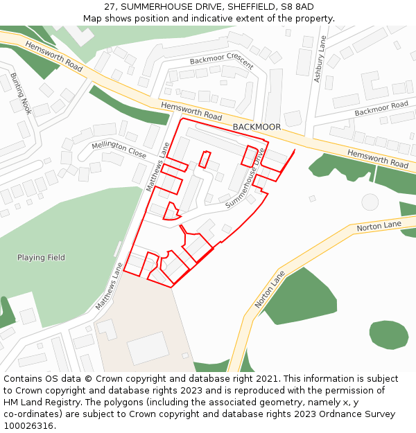 27, SUMMERHOUSE DRIVE, SHEFFIELD, S8 8AD: Location map and indicative extent of plot