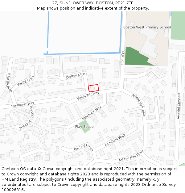 27, SUNFLOWER WAY, BOSTON, PE21 7TE: Location map and indicative extent of plot