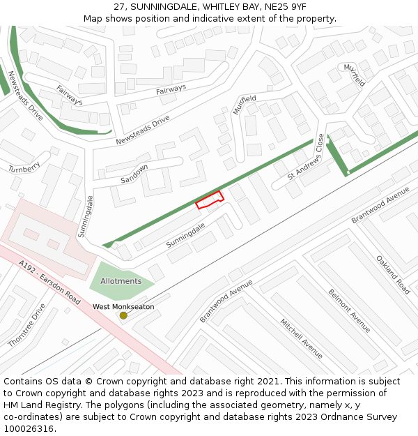 27, SUNNINGDALE, WHITLEY BAY, NE25 9YF: Location map and indicative extent of plot