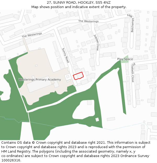 27, SUNNY ROAD, HOCKLEY, SS5 4NZ: Location map and indicative extent of plot