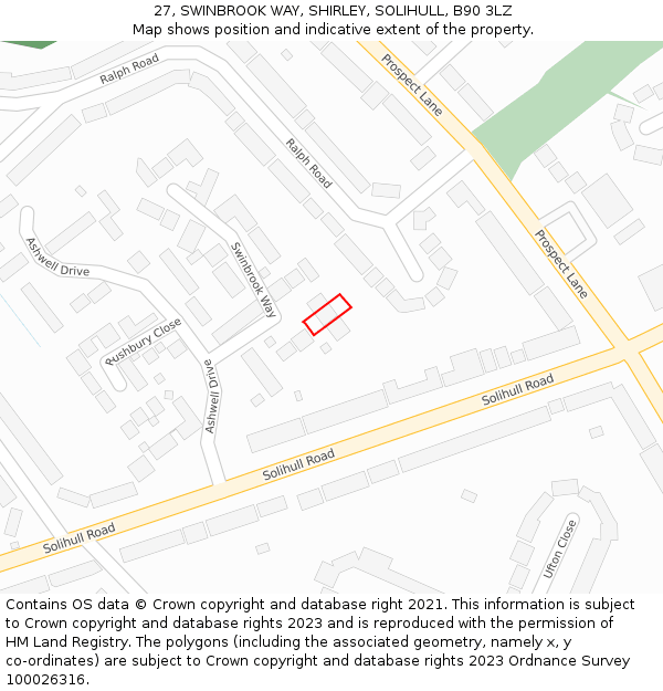27, SWINBROOK WAY, SHIRLEY, SOLIHULL, B90 3LZ: Location map and indicative extent of plot