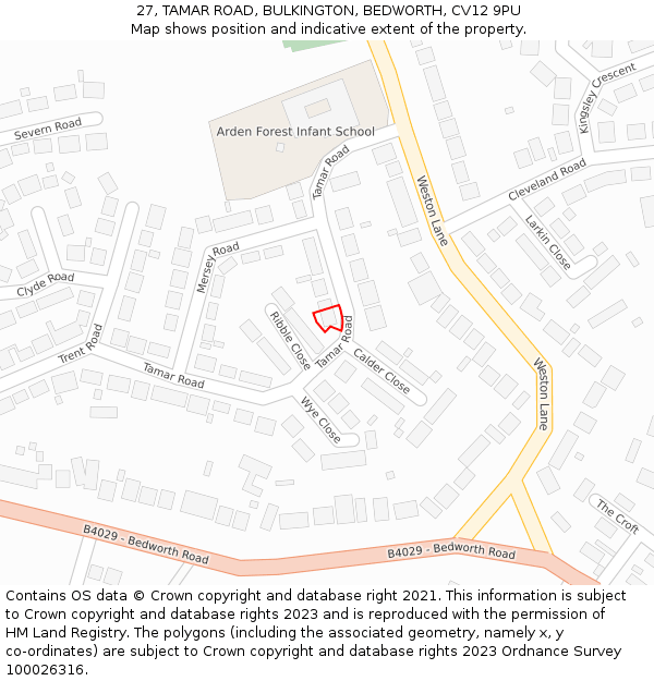 27, TAMAR ROAD, BULKINGTON, BEDWORTH, CV12 9PU: Location map and indicative extent of plot