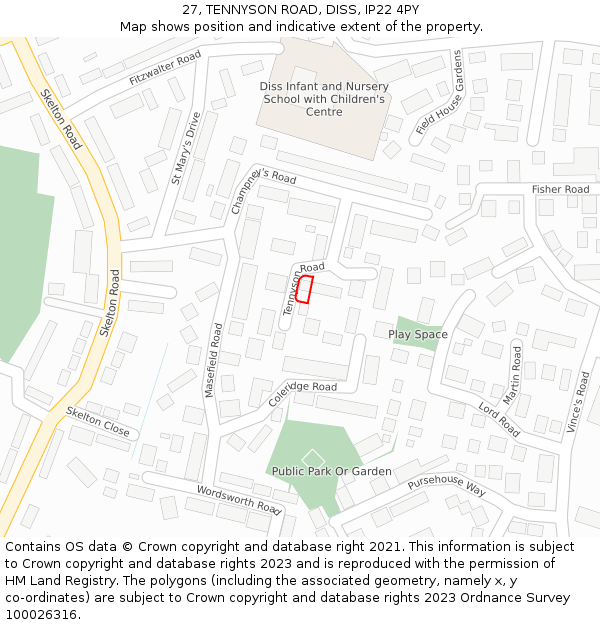 27, TENNYSON ROAD, DISS, IP22 4PY: Location map and indicative extent of plot