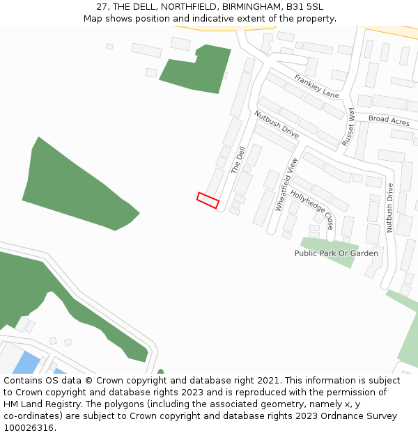 27, THE DELL, NORTHFIELD, BIRMINGHAM, B31 5SL: Location map and indicative extent of plot