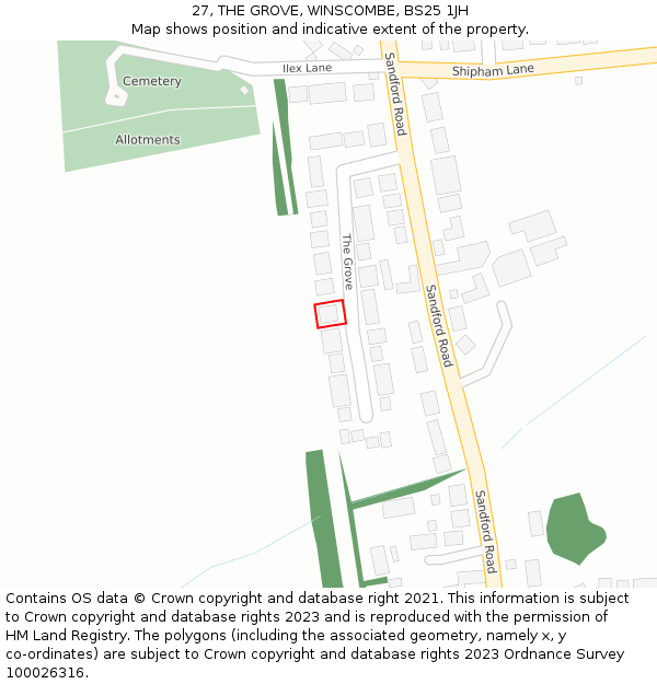 27, THE GROVE, WINSCOMBE, BS25 1JH: Location map and indicative extent of plot