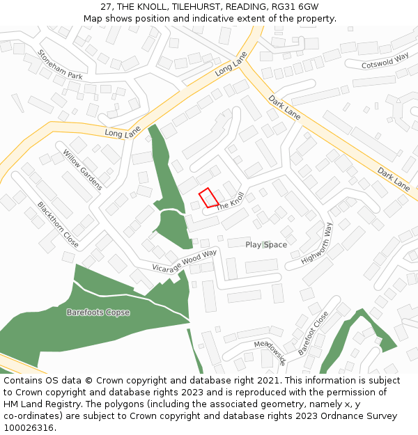 27, THE KNOLL, TILEHURST, READING, RG31 6GW: Location map and indicative extent of plot