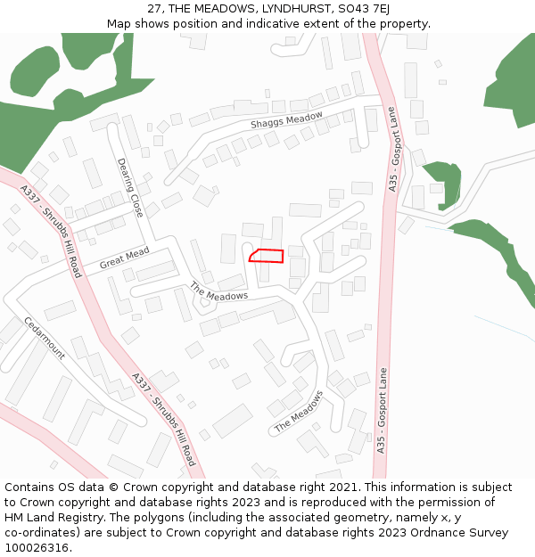 27, THE MEADOWS, LYNDHURST, SO43 7EJ: Location map and indicative extent of plot