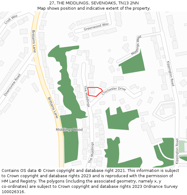 27, THE MIDDLINGS, SEVENOAKS, TN13 2NN: Location map and indicative extent of plot