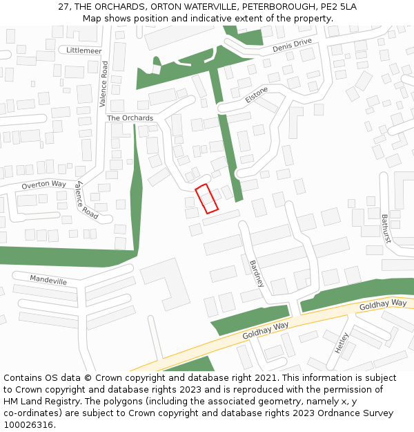 27, THE ORCHARDS, ORTON WATERVILLE, PETERBOROUGH, PE2 5LA: Location map and indicative extent of plot