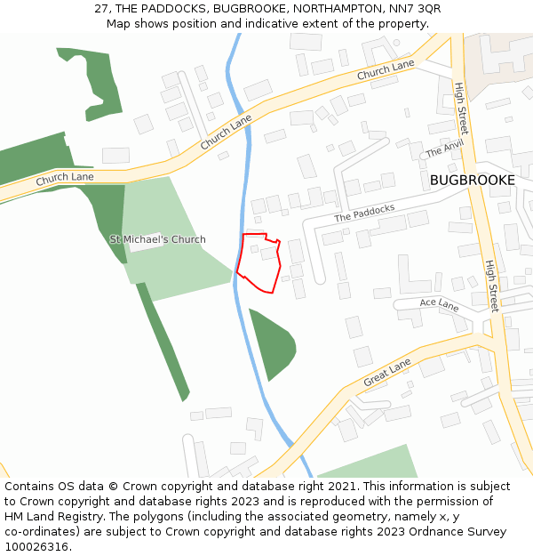 27, THE PADDOCKS, BUGBROOKE, NORTHAMPTON, NN7 3QR: Location map and indicative extent of plot