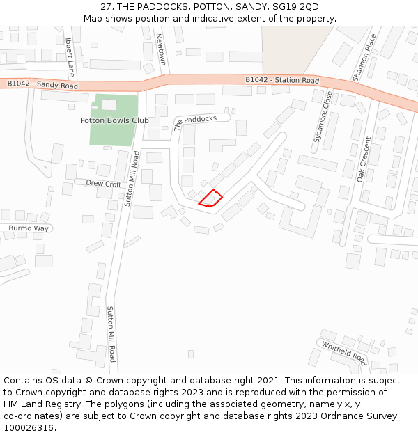 27, THE PADDOCKS, POTTON, SANDY, SG19 2QD: Location map and indicative extent of plot
