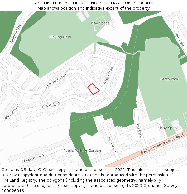 27, THISTLE ROAD, HEDGE END, SOUTHAMPTON, SO30 4TS: Location map and indicative extent of plot